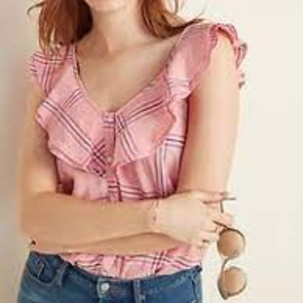 Old Navy pink plaid ruffle button down blouse size large